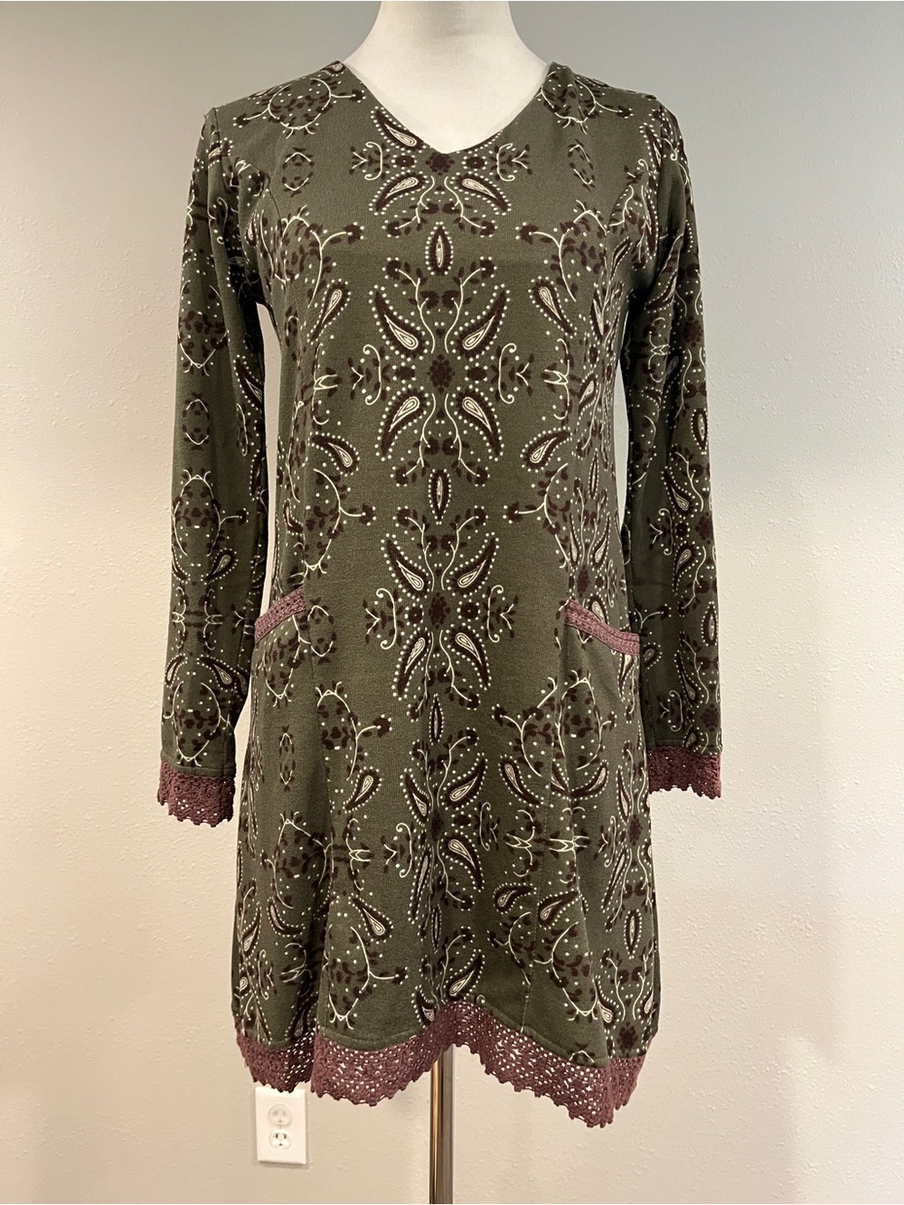 Olive Patterned Long Sleeve sweater Dress with Mauve Trim